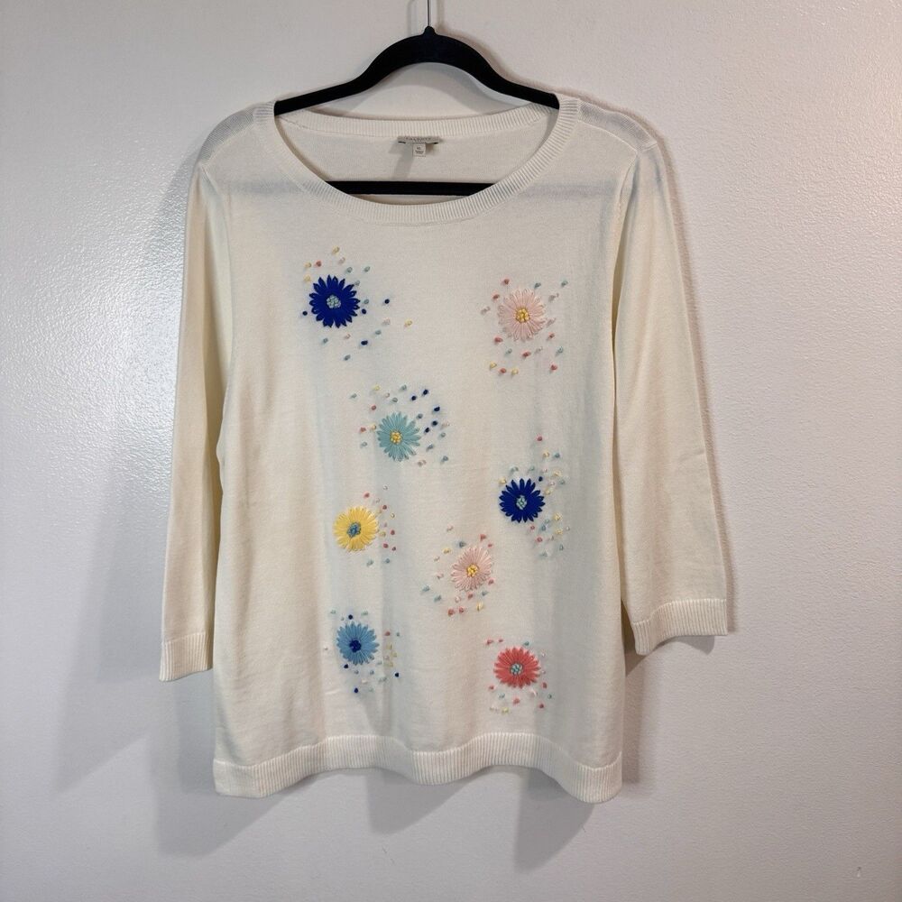 Talbots Sweater XL Floral Embroidered 100% Cotton Knit Boat Neck White Colorful